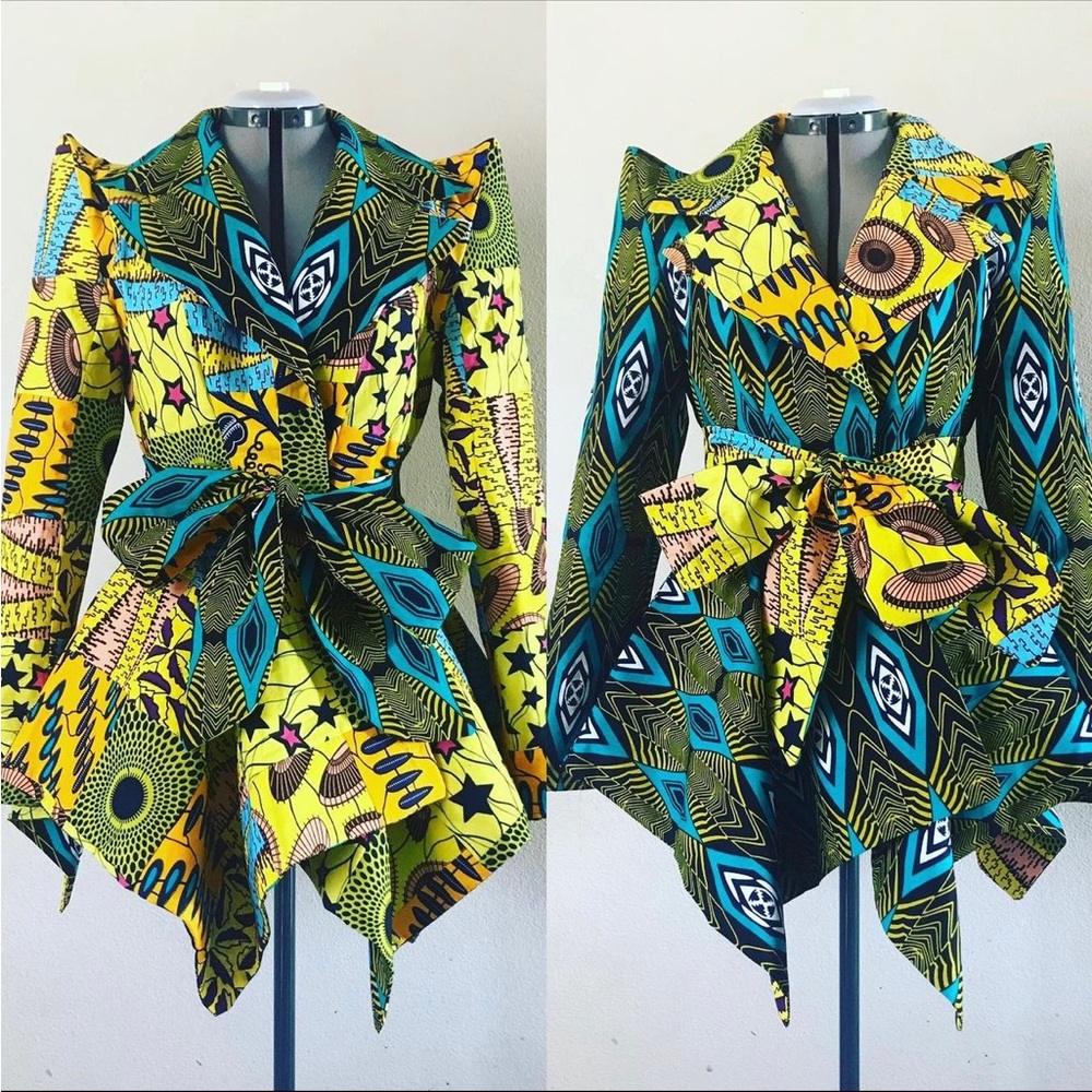 Vibrant Yellow & Teal Printed Tie-Waist Jacket